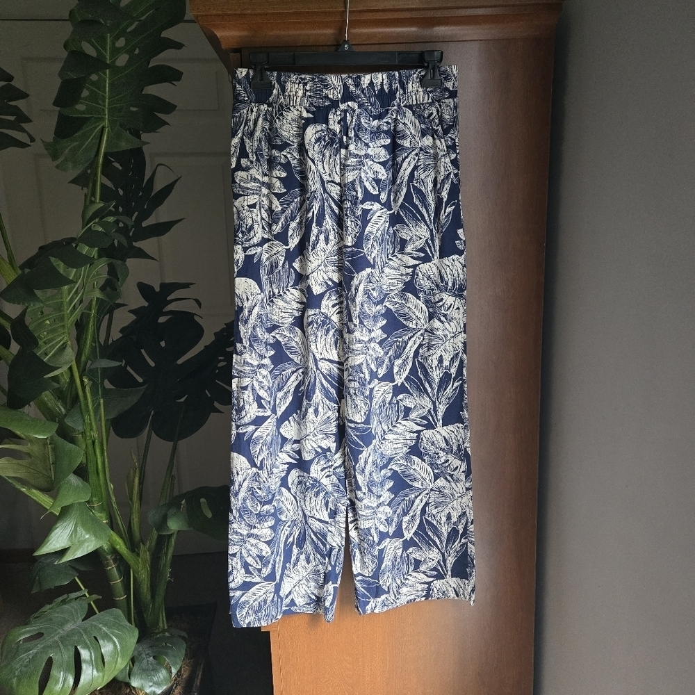 Panama Jack Linen Blend Blue and White Wide Leg Pants Size Small